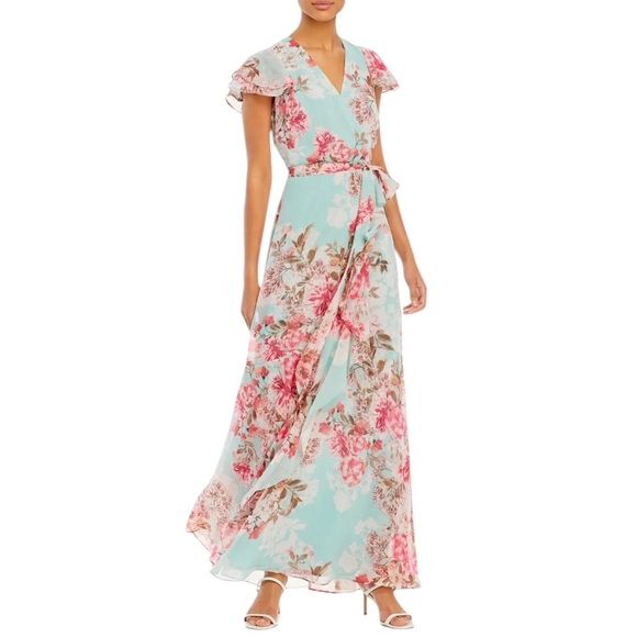 Eliza J Dresses & Skirts - Eliza J Floral Chiffon Maxi Dress Blue Pink Wrap Style Flutter Sleeve Size 4 NWT